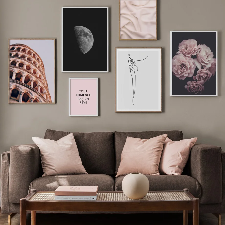 

Pink Peony Flower Girl Line Drawing Moon Wall Art Canvas Painting Nordic Posters And Prints Wall Pictures For Living Room Decor