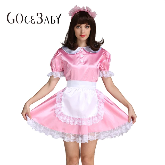 Sissy Girl Maid Satin Pink Lockable Dress Costume Uniform Forced Fem Crossdressing Cosplay