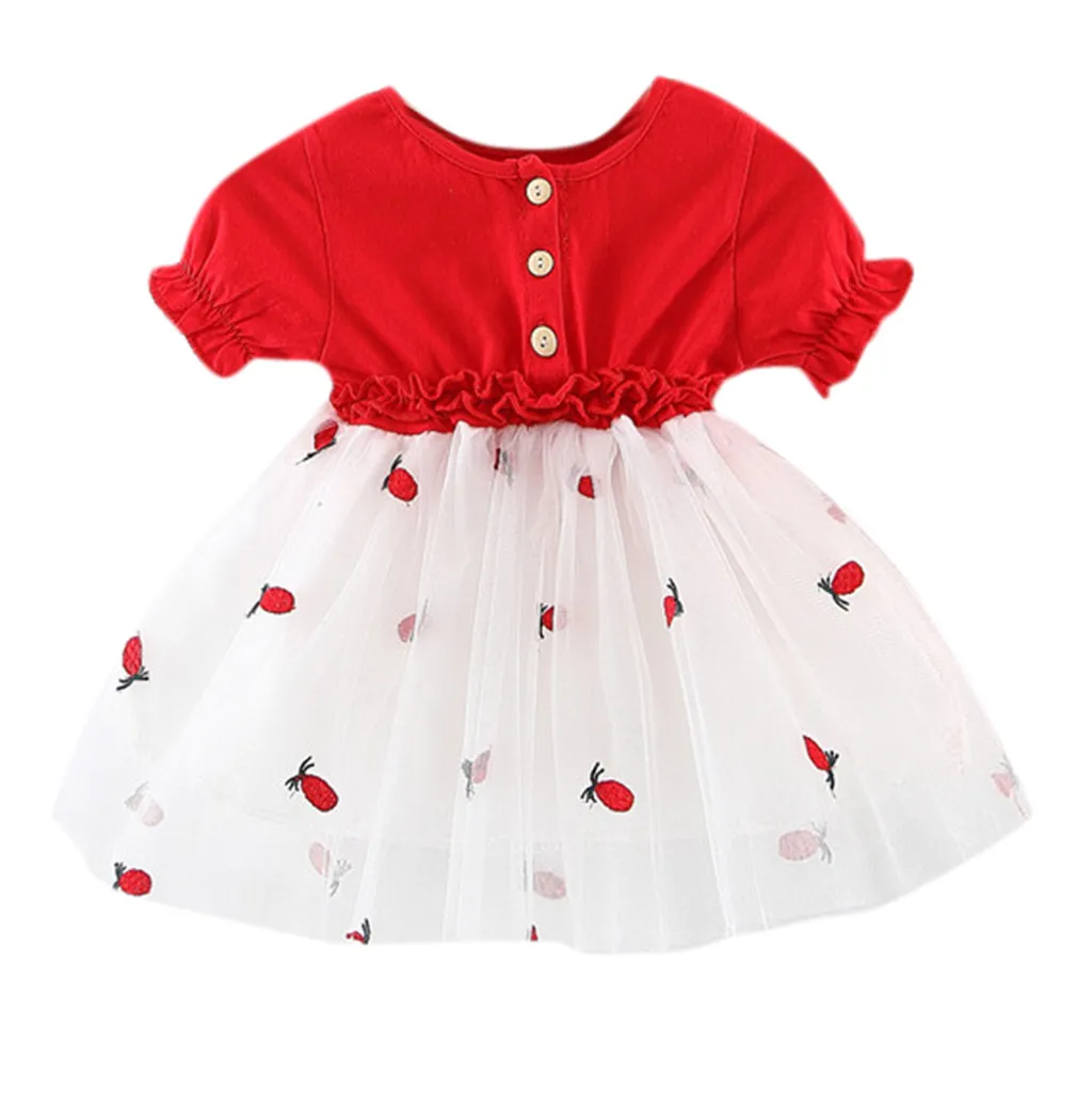 Стильный личности для детей с года до трех лет фрукты вышивка Плиссированные Милая юбка-сетка для девочек короткий рукав с изображением ананаса, Тюлевое платье принцессы платья F4