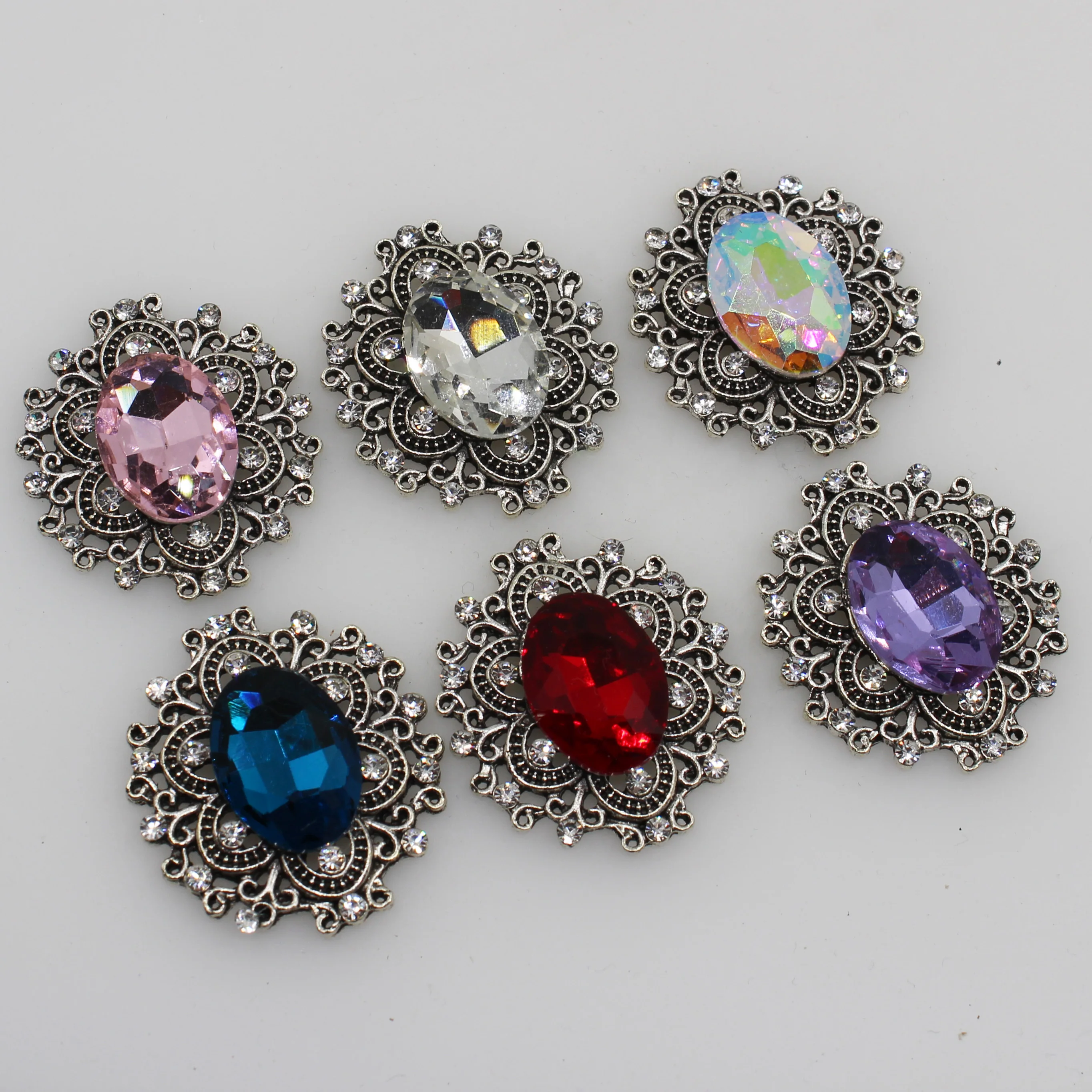 

29*32mm oval wedding DIY 50pc rhinestone alloy many Color Diamond button plating,flat back Retro color beads in middle