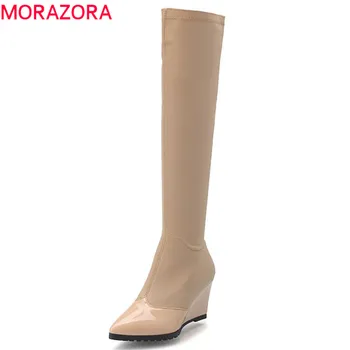 

MORAZORA 2020 Newest boots women pointed toe fashion stretch boots short plush autumn winter knee high boots wedges shoes woman