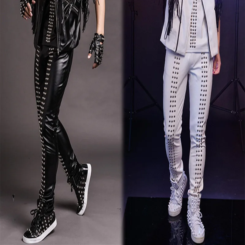 

New Men Cool Slim Casual Pants white black Rivets Pants Costumes Nightclub male singer stage show performance trousers