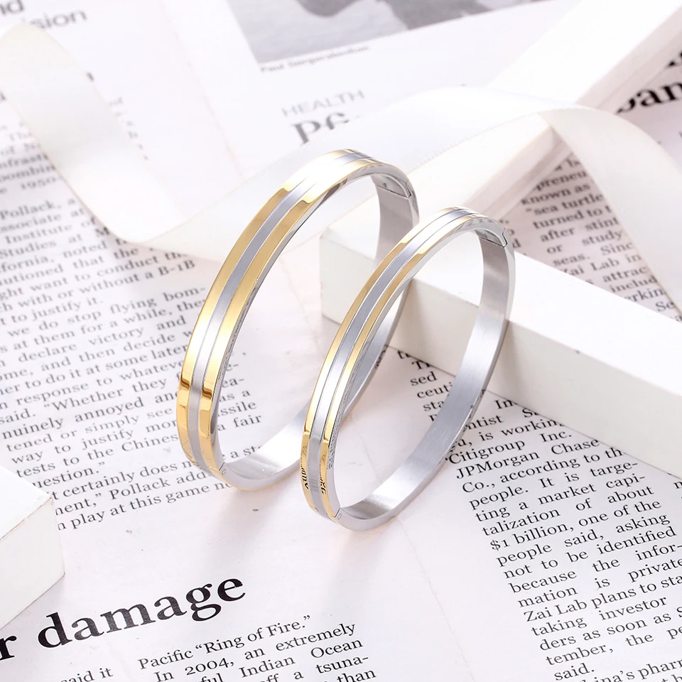 

Beautiful Jewelry Couple Cuff Bracelet & Bangle Double Layer Gold Color Stainless Steel Trendy Unisex Bangle For Men And Women