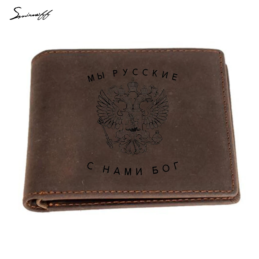 

Russian double eagle head Card Wallet Male Engraved Letters We Russians God is with us Genuine Leather Men Purse