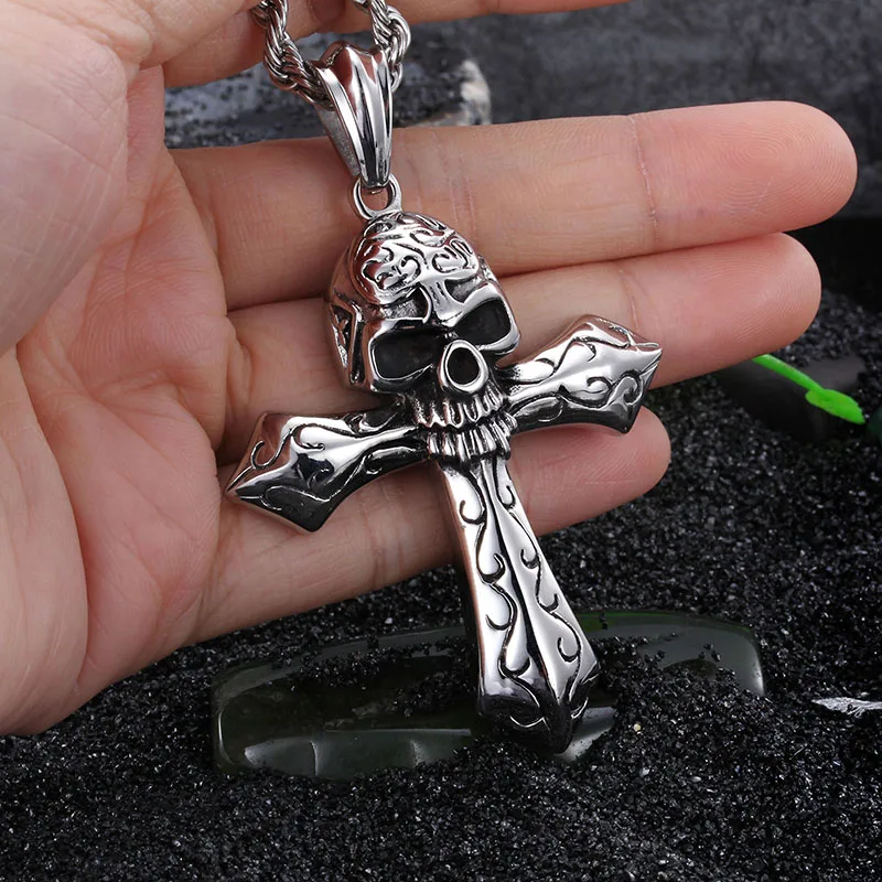 SWAOOS Handmade Punk Brown Genuine Leather Vintage Cross Cool Skull Pendants Mens Necklace Women Sweater Chain Jewelry