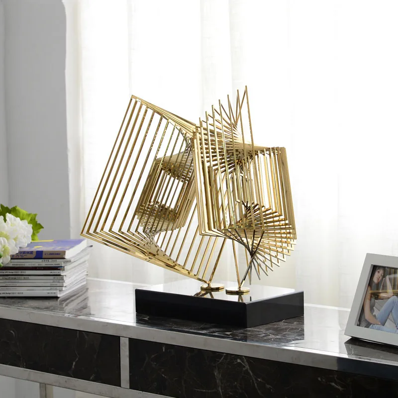 

Cascading Geometry Sculpture With Marble Base Figurines Stainless Steel Craft Abstract Ornament in Hotel Home Decor Accessories