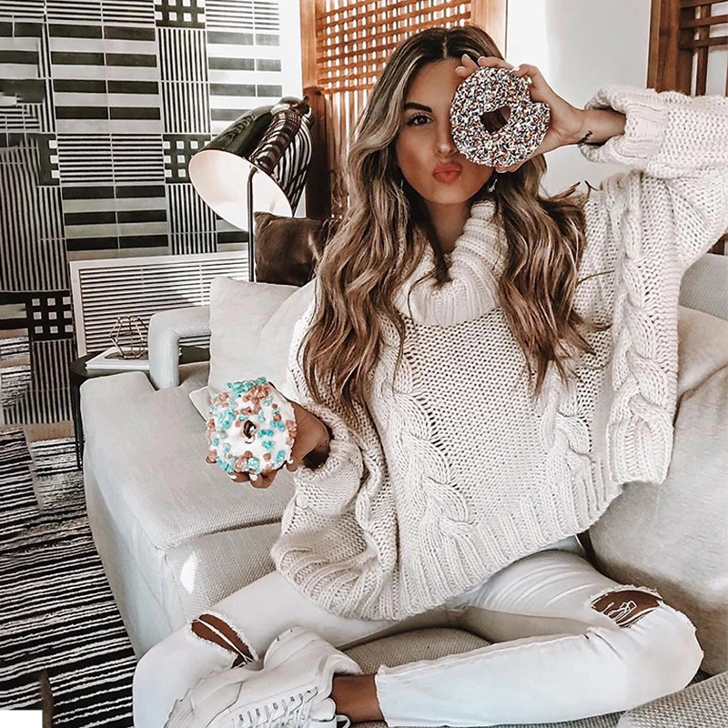 

Conmoto Harajuku Turtleneck Crop Sweater 2018 Autumn Winter Long Sleeve Thick Solid Oversized Pullover White Kintted Jumper