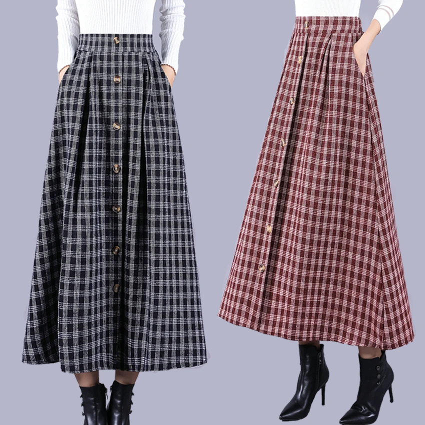 Autumn Winter Plaid Long Skirts Womens Elegant Women Skirts Maxi Skirt