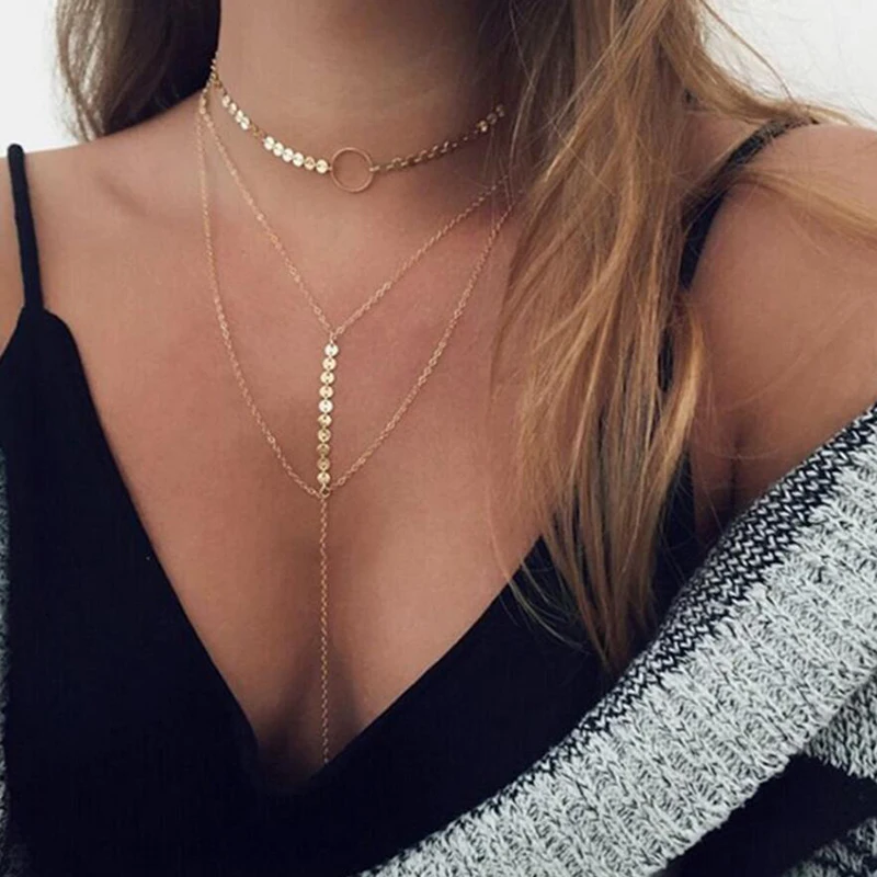 

Bohemian crystal choker necklace for women long chain pendant necklaces multi layer choker sets boho vintage fashion jewelry
