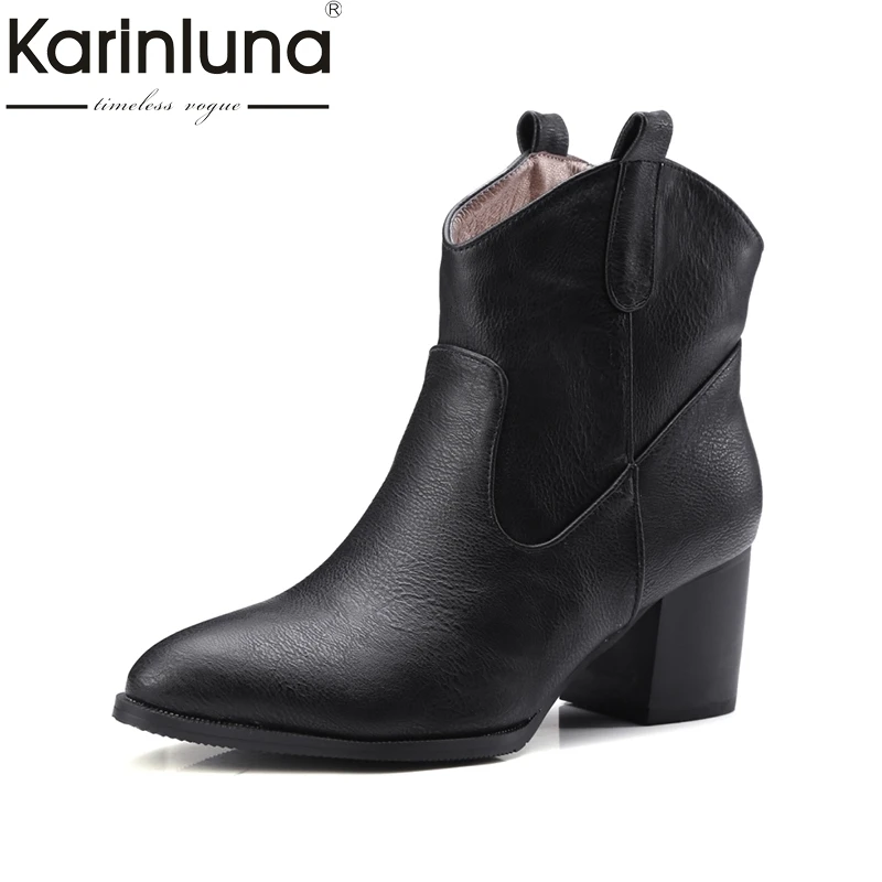 Karinluna 2018 Spring And Autumn Fashion Pointed Toe Slip-On Ankle Boots Mature High Square Heel Women Shoes Plus Size 32-47 Women's Shoes