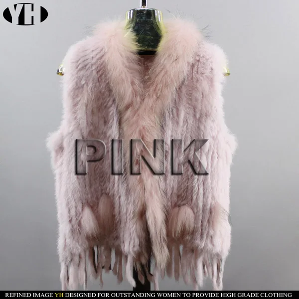 Жилет из натурального кроличьего меха с воротником из меха енота, вечерние куртки, вязаные жилеты, женский шерстяной жилет colete de pele de coelho - Цвет: pink