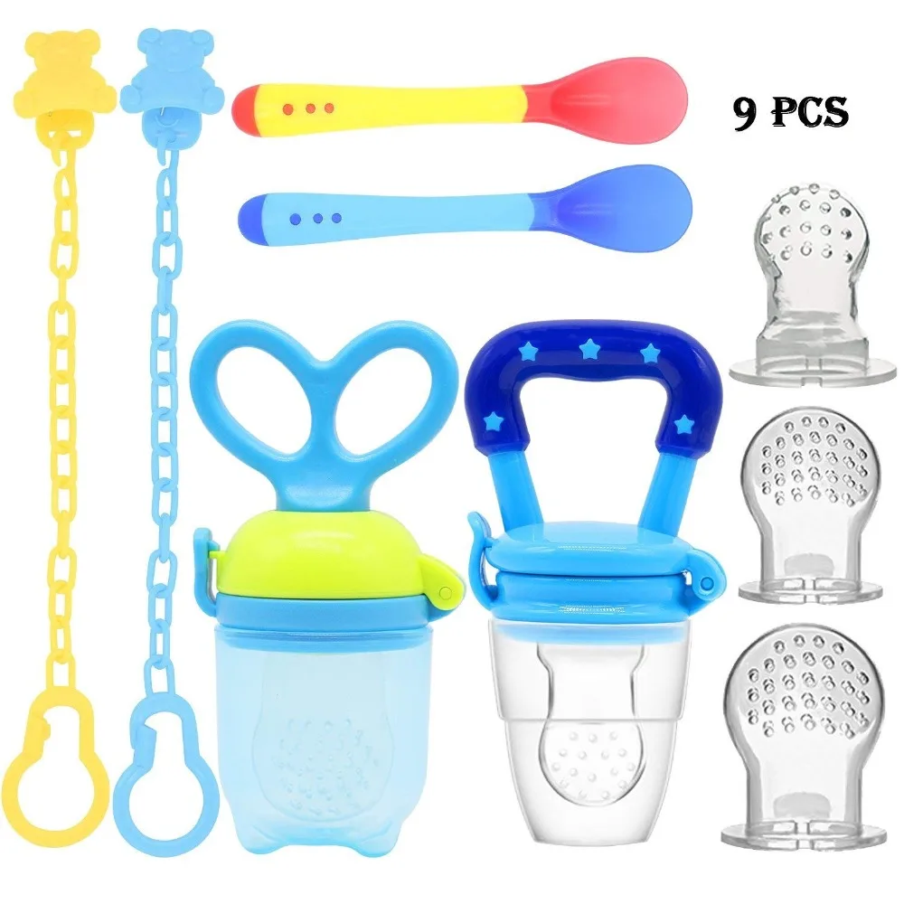 9pcs Baby Pacifier Fruits Food Milk Mordedor Baby Feeding Spoon Silicone Nibbler Feeder Kids Nipple Feeding Tool Bite Bottle