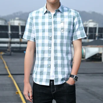 

New Men Plaid Shirt Fashion Printing Men Shirt Short Sleeve Blue Green Gray M-4XL Summer Mens Shirt