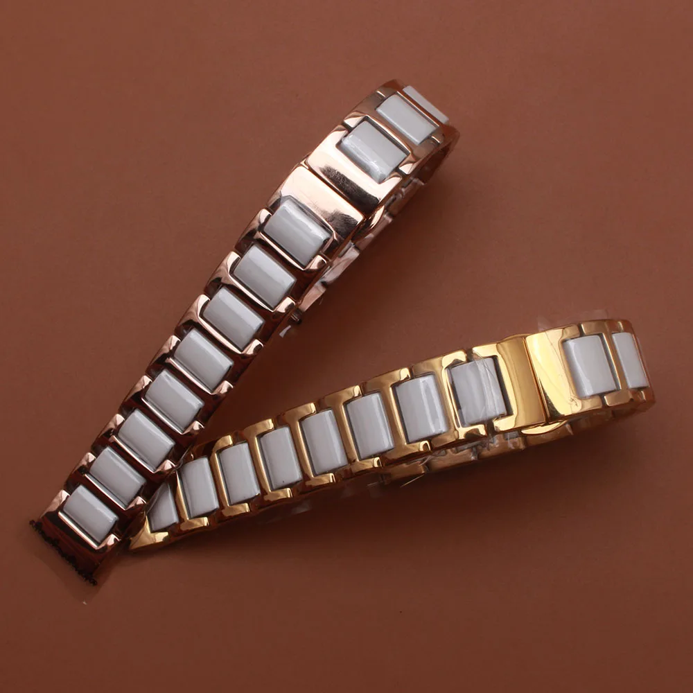 Ремешки белый полированный керамический и нержавеющей стали золото Rosegold металлические часы полосы ремни Браслеты 14 мм 16 мм 18 мм 20 мм 22 мм