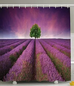 

Purple Shower Curtain, Decorations Lavender Fields Panoramic Digital Print Tree of Life Magical Heaven Violet Sky.