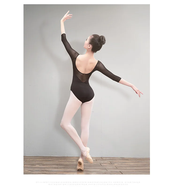 Новый женский, черный сетка танцевальные трико три четверти рукавами балетное трико для взрослых для занятий балетом костюм