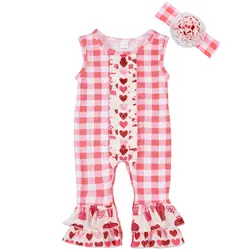 Валентина наряд летняя одежда для девочек новорожденных Дети Розовый и красный цвет вязаный плед хлопковый комбинезон с оголовьем GPF712-019