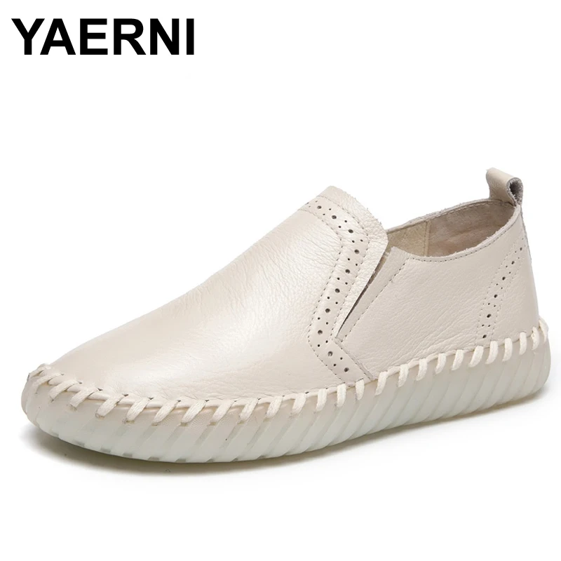 

YAERNI Women's Handmade Shoes Genuine Leather Flat Hollow Mother Shoes Woman Loafers Soft Single Casual Flats Shoes E15
