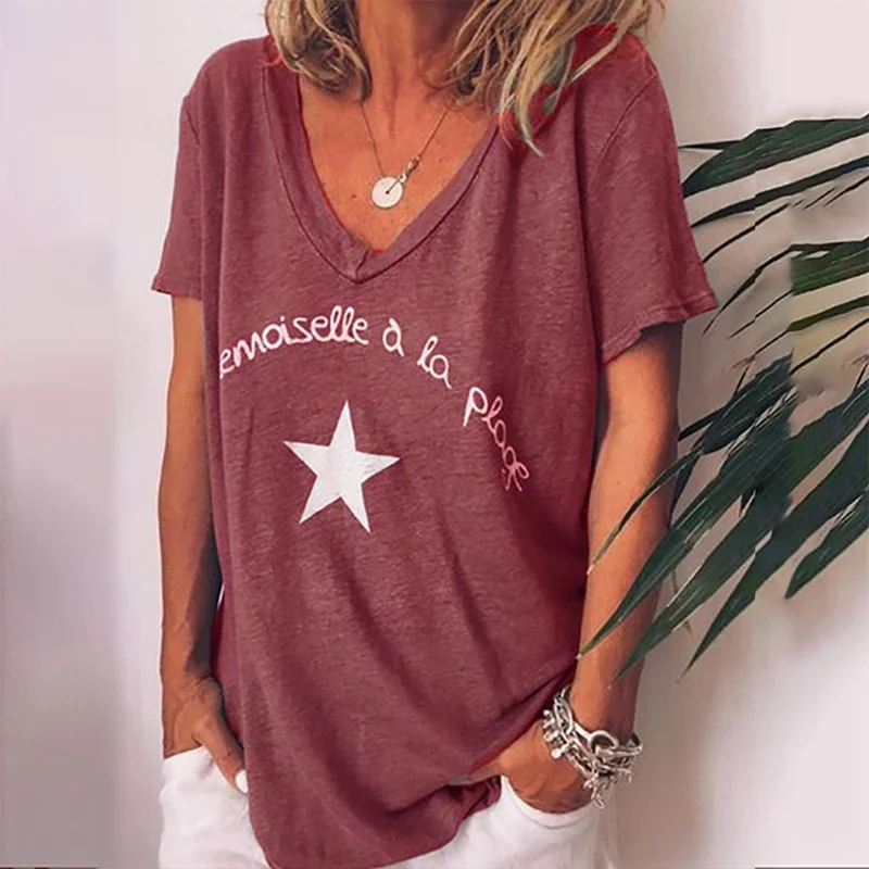 

WENYUJH 2019 New Fashion T-shirts Woman Summer Star Print Short Sleeve V-Neck T-Shirt Loose Women Tops Slim Fit Soft Lady Tshirt
