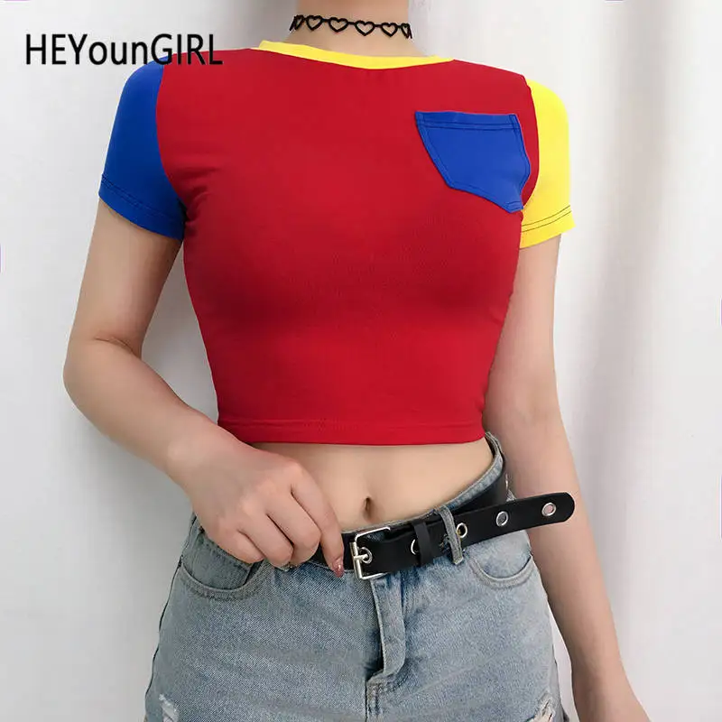 

HEYounGIRL Korean Style Tshirts Cotton Women Patchwork Short Sleeve Crop Top T Shirt Contrast Color Harajuku Casual Tee Shirt