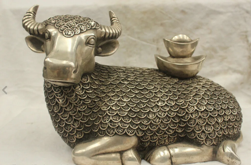 

Chinese Culture HandMade Old Silver Bronze Brass Statue Bull Ox Money Sculpture