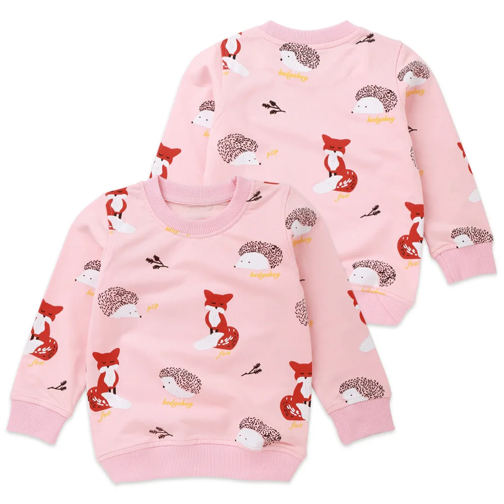 

New Autumn Clothes Cartoon Hedgehog Fox Picture Cotton Girls Sweatshirts 2-8T Girl Hoodies Pink Moleton Infantil