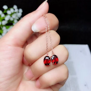 

Natural red garnet Stone Ear Line S925 silver natural gemstone drop earrings fashion round woman girl gift birthday jewelry