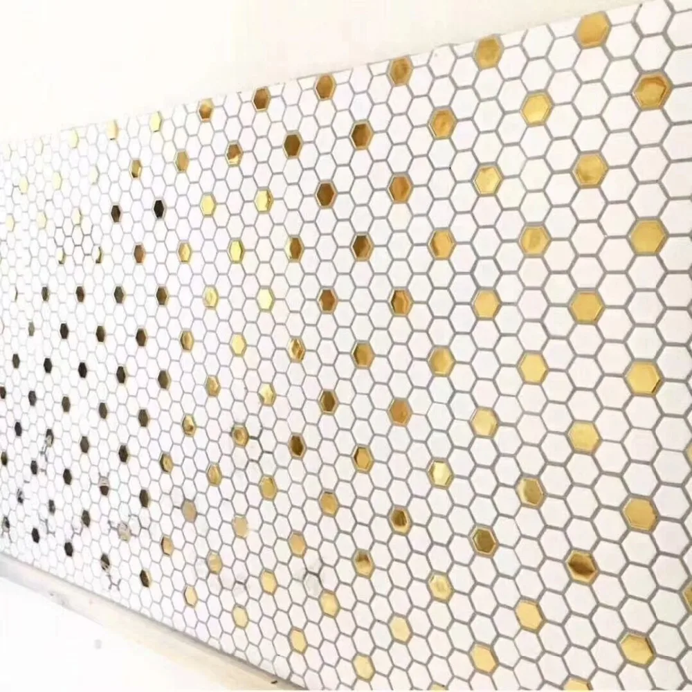 New Hexagon Glossy Gold White mixed Ceramic mosaic tile ...