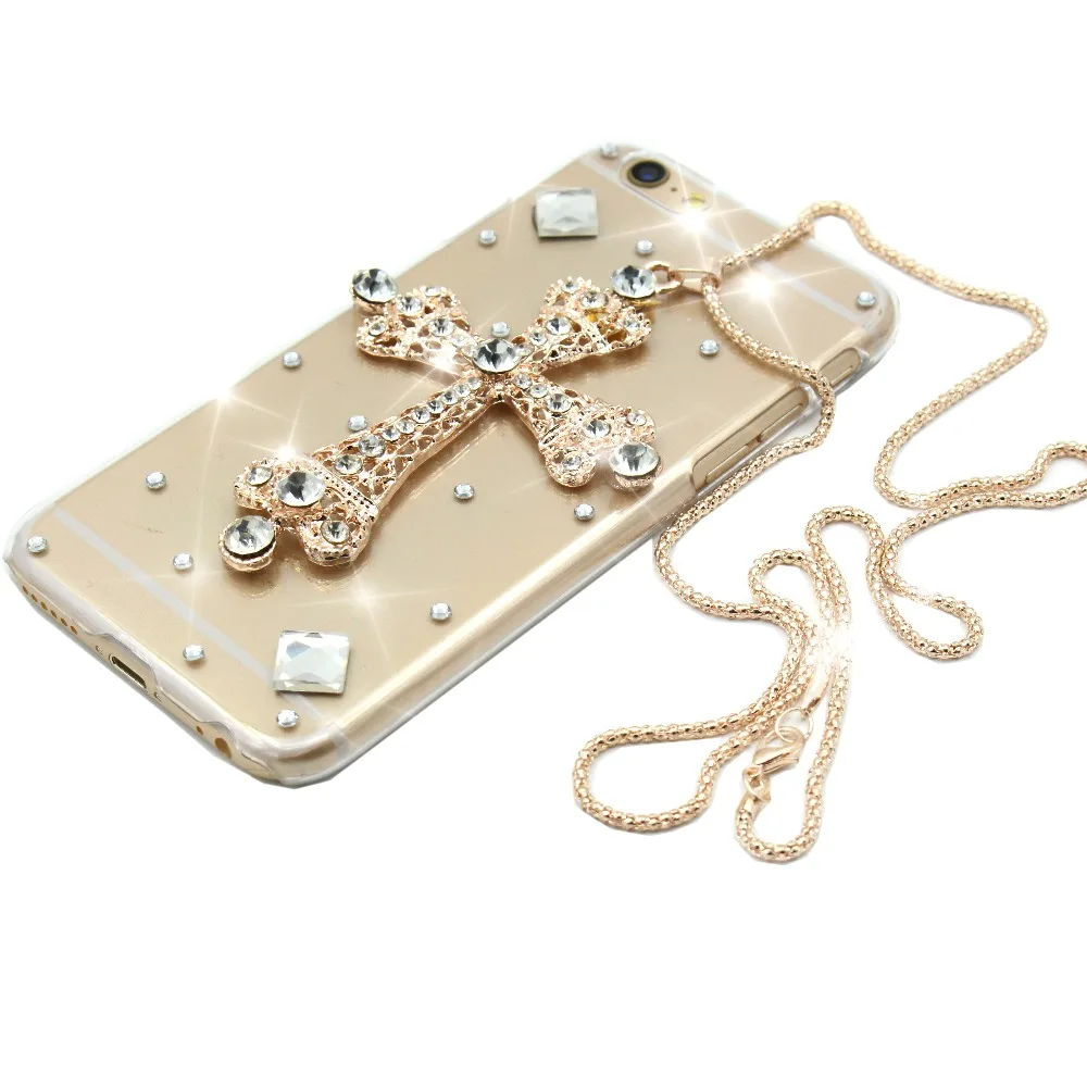 Beste Voor iphone 8 8 plus X 10 Telefoon Gevallen Luxe 3D kruis Schedel Ketting Rhinestone Diamond Hard Plastic Case Cover Met Ketting