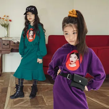 

Brand Printed Fashion Head Portrait Girls Dress New Baby Autumn Dress Ruffles Kids Hoodies with Drawstring Dress,#3155