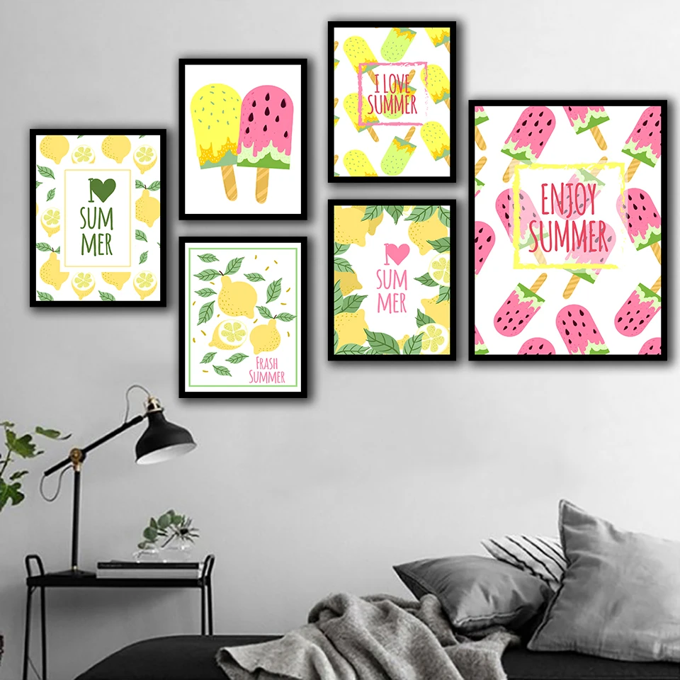 

Wall Art Nordic Poster Watermelon Lemon Ice Cream Pictures Modern Canvas Printed Cartoon Painting Princess Kids Room Home Decor