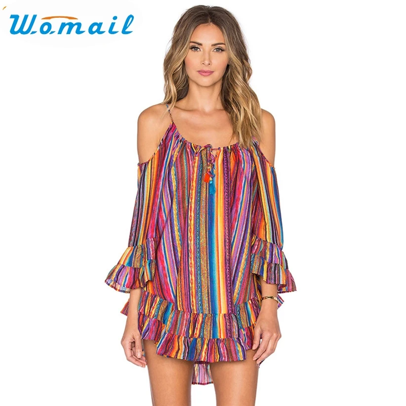 

Womail Newly Design Women's Summer Rainbow Print Fringed Flare Sleeve Beach Loose Chiffon Strap Dress S-XXXL Drop Ship oct30