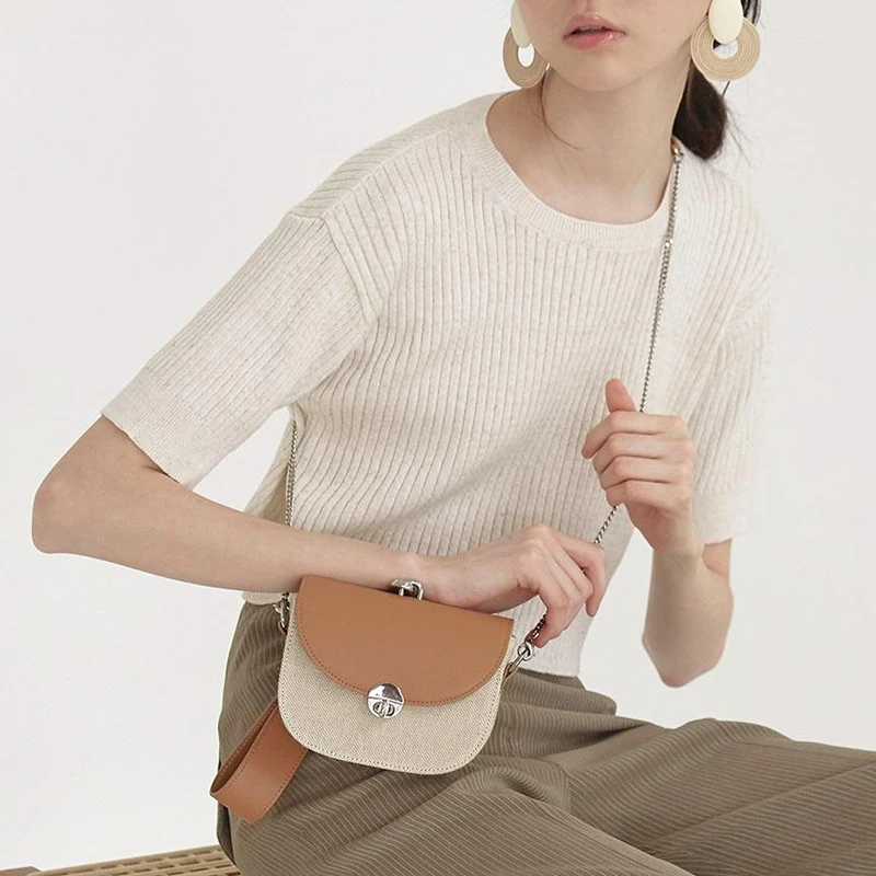 

Simple Canvas Stitching Saddle Bags for Women Mini Chain Crossbody Bags Casual Shoulder Bag Ladies Handbags Evening Clutch Purse