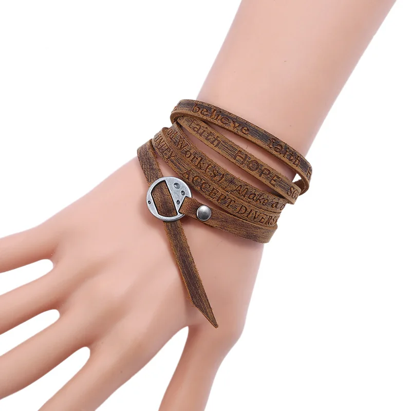 Fashion Men Wrap Hand Bracelet Multilayer Long Genuine Leather Belt Bracelet Pulseras Circles