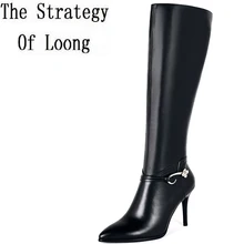 Женские сапоги до колена из кожи с натуральным лицевым покрытием, на тонком каблуке, с пряжкой зимние высокие сапоги из натуральной кожи, большие размеры 43, 20170206