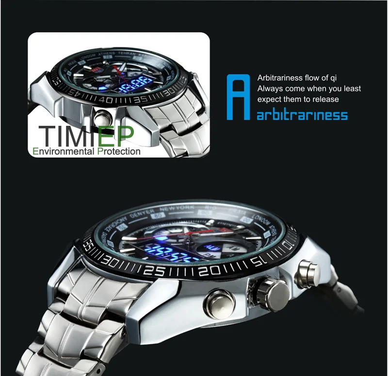 TVG Высокое качество нержавеющая сталь черные мужские часы Модные Синий бинарный светодиодный указатель мужские s 30AM водонепроницаемые спортивные часы
