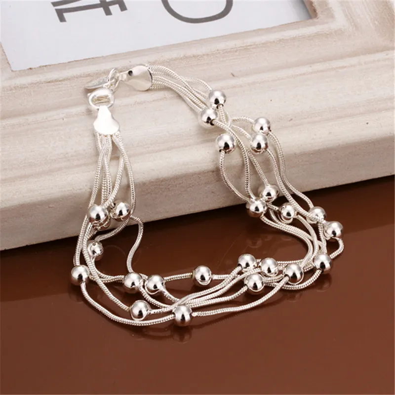Silver 925 Bracelets for Women 5 Lines Beads Ball Chain Bracelet 8 inch