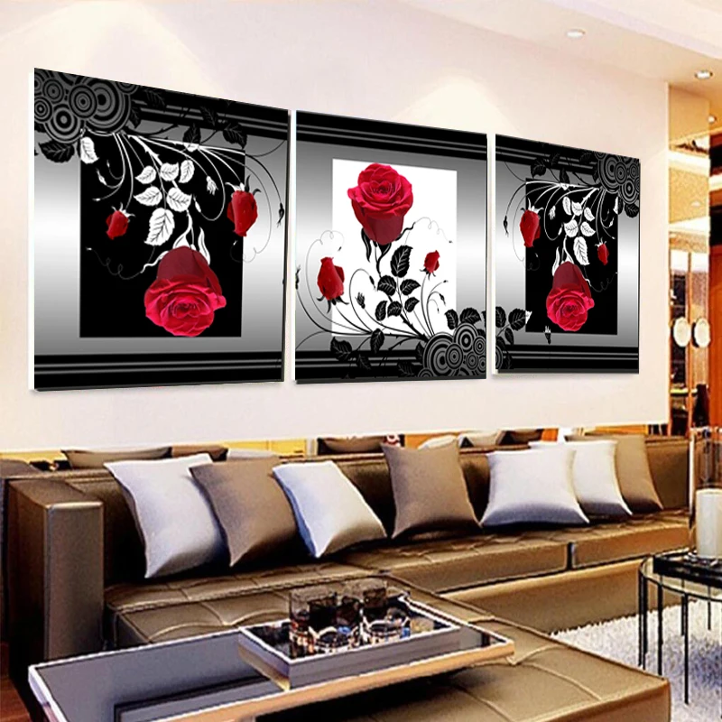 3 Панели современные печатные картины на холсте с красной розой украшение холст
