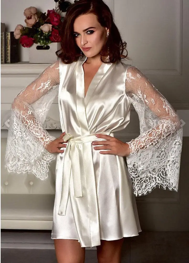 

Brand New Arrivals Sexy Women Lace Floral Sleeve Bathrobe Night Gown Lace Silk Sleepwear Babydoll Dress Nightwear Soft V-neck