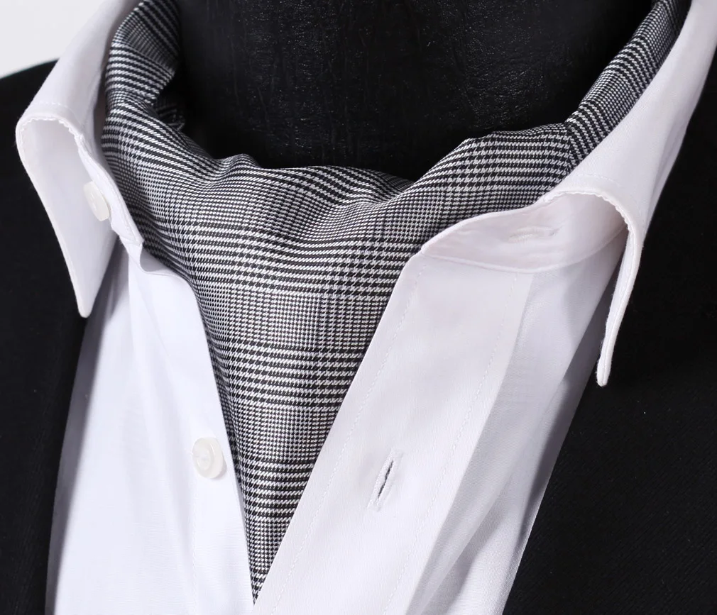 RC101LS Black White Houndstooth Men Silk Cravat Ascot Tie Handkerchief