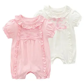 

Infant rompers new baby kids lace ruffle collar short sleeve jumpsuits newborn baby cotton clothes 4 p/l