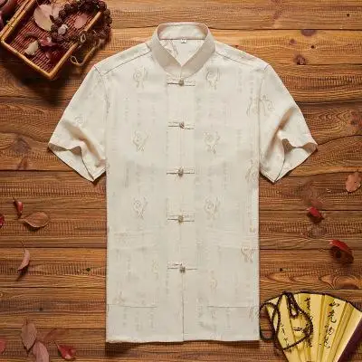 Мужская рубашка с коротким рукавом Свободная Tai Chi Kung Fu одежда Китайский Стиль Мандарин воротник Тан топ летние хлопковые рубашки M-4XL - Цвет: Бежевый