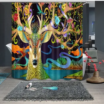 

Art Painted Deer Print Waterproof Shower Curtain Polyester Fabric Bath Curtain Elefant Drape Bathroom Curtains Decor with Hooks