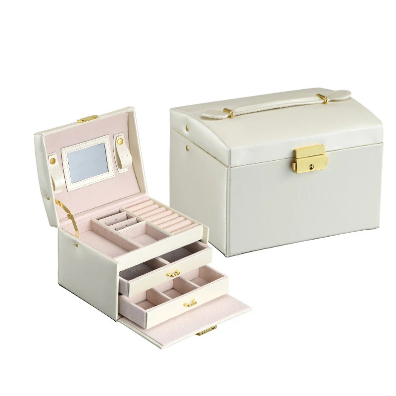 

Portable Jewelry Box Organizer Ring Stud Earrings Jewelry Storage Box With Mirror Faux Leather Box W0220