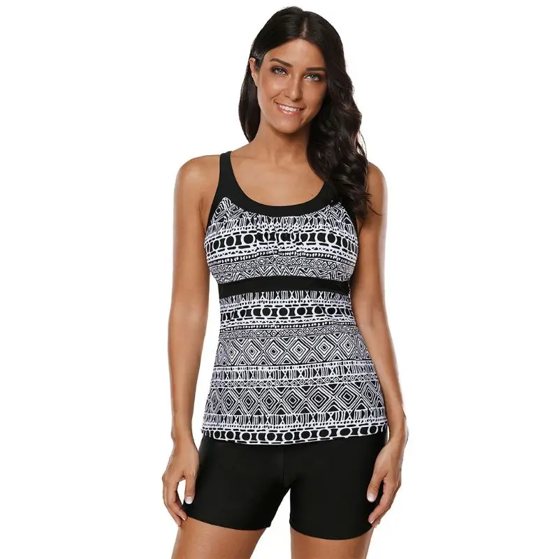 

Womens Plus Size Two Piece Tankini Set Bohemian Black White Geometric Pattern Tank Top Strappy Racerback Slim Bathing Suit With