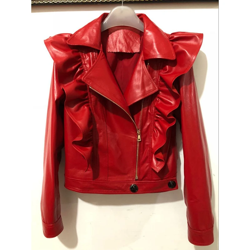 

2019 Spring Autumn Women Genuine Leather Short Jackets Ruffles Slim Real Leather Coats Red Black W1775