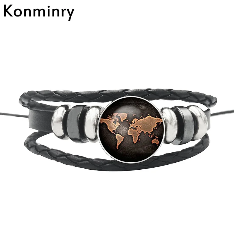 

Konminry Vintage World Map Globe Leather Rope Bracelet Glass Dome Buttons Africa Bangle For Women Men Gifts Jewelry