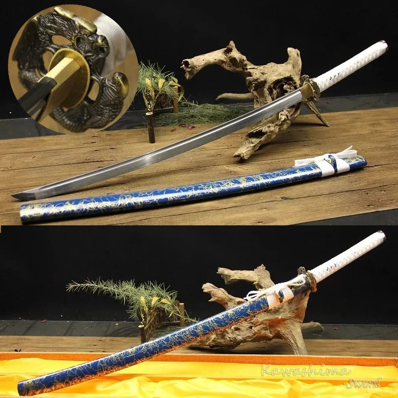 

Real Steel Japanese Samurai Sword T10 Clay-tempered Full Tang Katana Blue Scabbard With Gold Lines Martial Art -Sharpness Edge