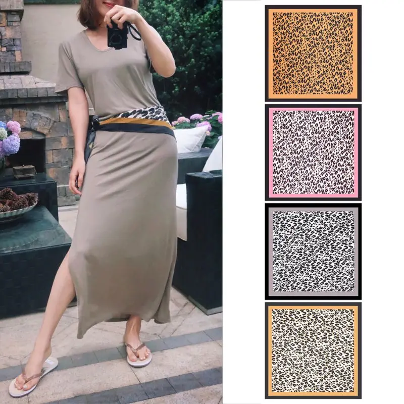 

Office Ladies Imitation Silk Square Neck Scarf Women Vintage Leopard Neckerchief Contrast Color Decorative Bandana Headwrap 55cm