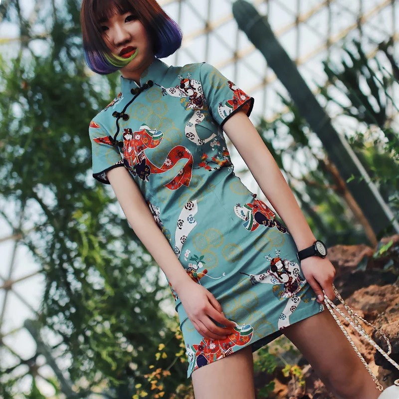 Китайское женское платье Ципао короткое Стильное женское традиционное шелковое атласное платье Элегантное винтажное Ципао платье - Цвет: color1